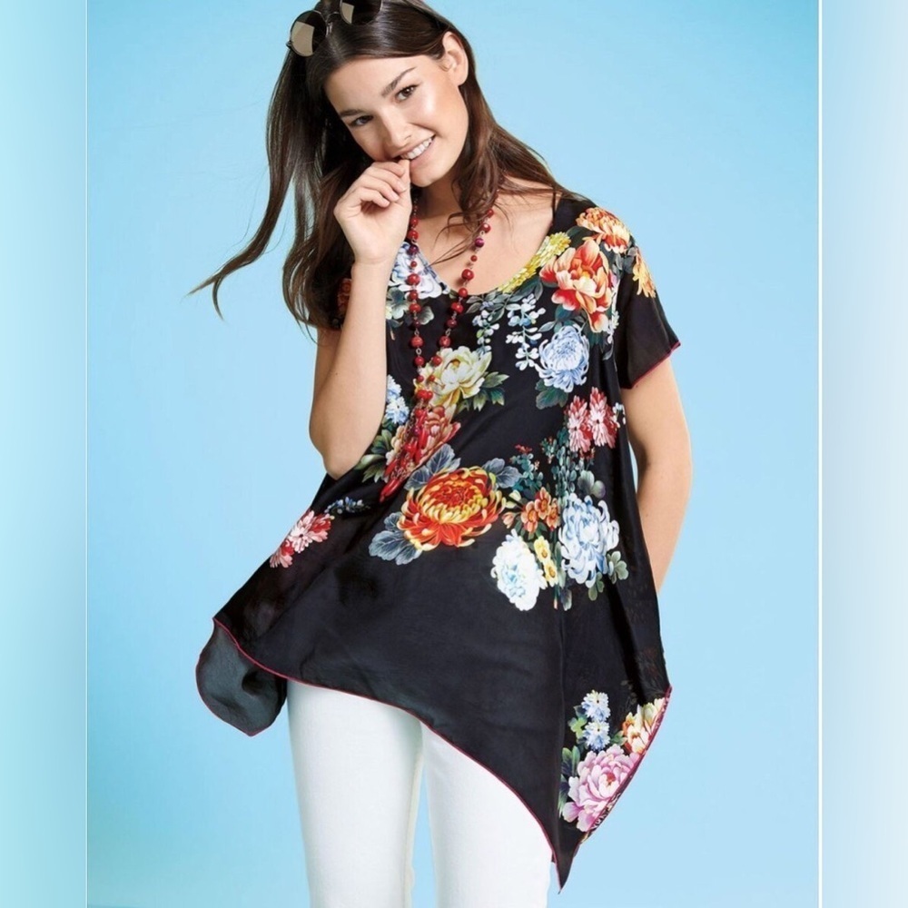Johnny Was Ziara Printed Handkerchief-Hem Tunic, Size Small Mixed Floral